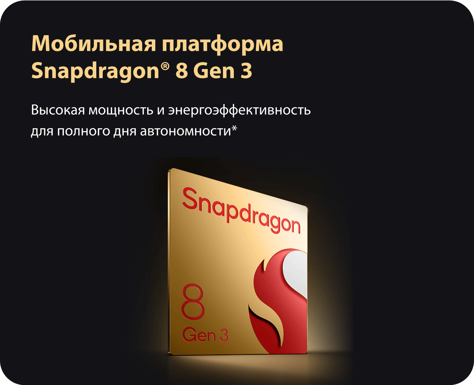 Мобильная платформа Snapdragon® 8 Gen 3. Высокая мощность и энергоэффективность для полного дня автономности*